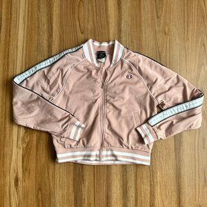 Champion Logo Embroidered  Bomber Jacket Sz L Womens Dusty Pink Retro Y2K